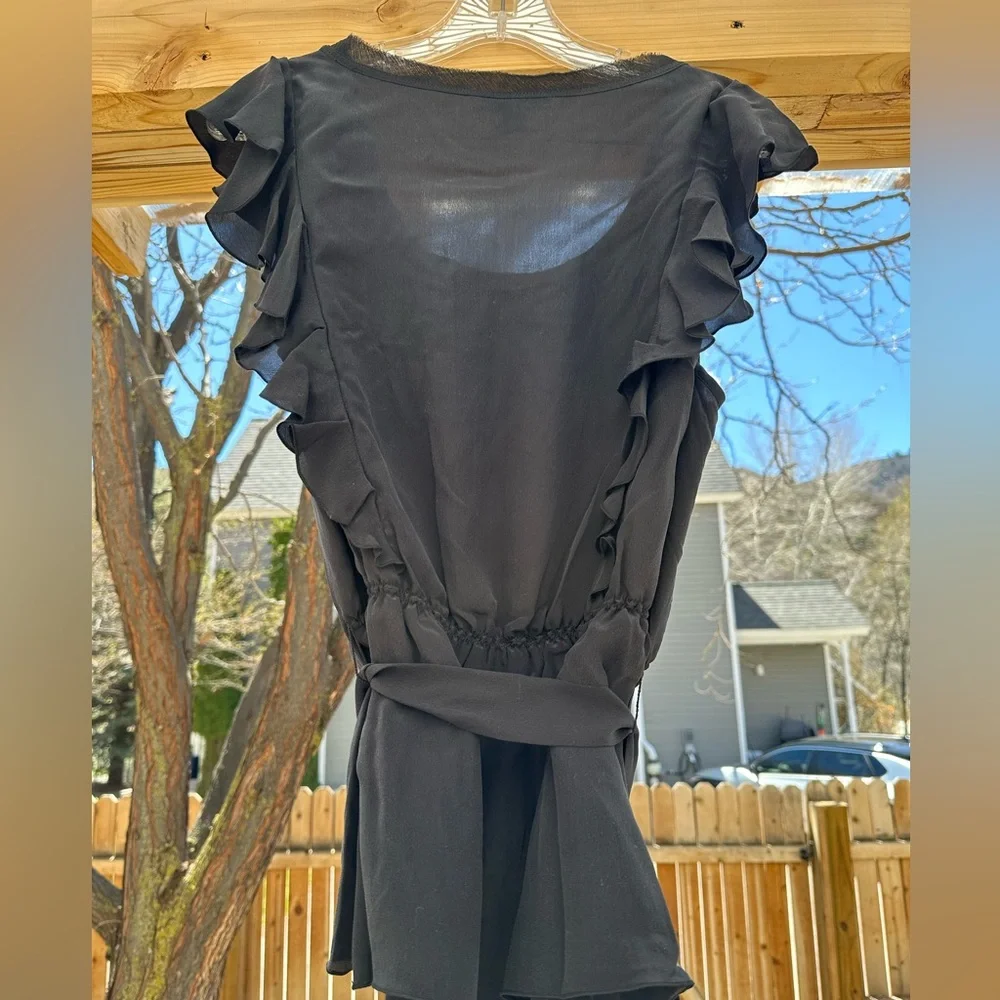 Banana Republic Black Silk Ruffle Elastic Tie Waist Top Blouse Medium - Picture 2 of 9